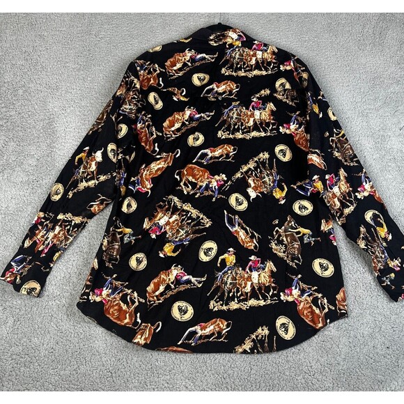 VTG Wrangler PRCA Shirt Mens 17 1/2 36 Black Button All Over Print Rodeo Ranch - Picture 7 of 13